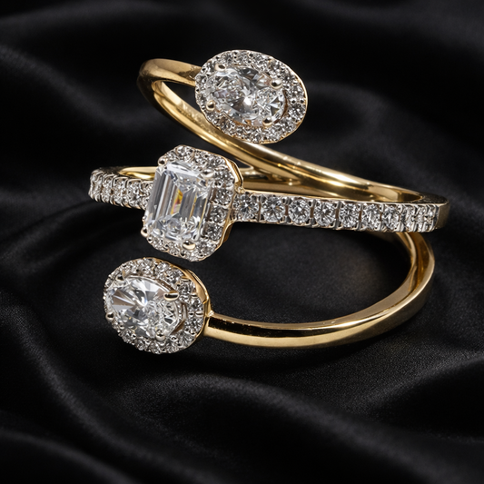 Emerald-Cut Lab-Grown Diamond Ring with Halo and Oval Diamond Tendril Details