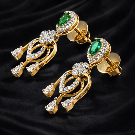 Emerald Halo Cascade Danglers | 0.72ct Lab Diamonds | 0.29ct Green Pear Stones