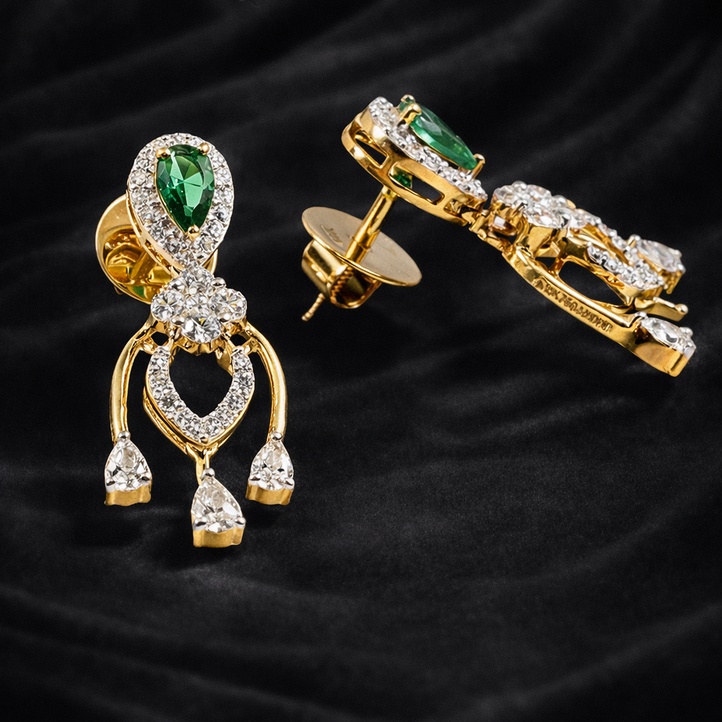 Emerald Halo Cascade Danglers | 0.72ct Lab Diamonds | 0.29ct Green Pear Stones