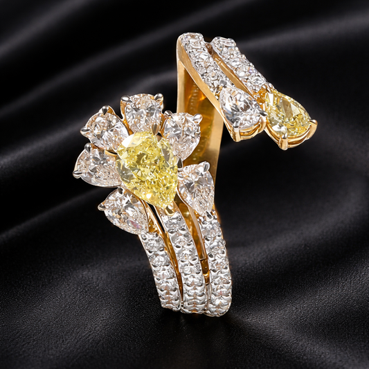 1.18 ct Yellow Pear-Shaped Diamond Floral Ring with White Pear Accents