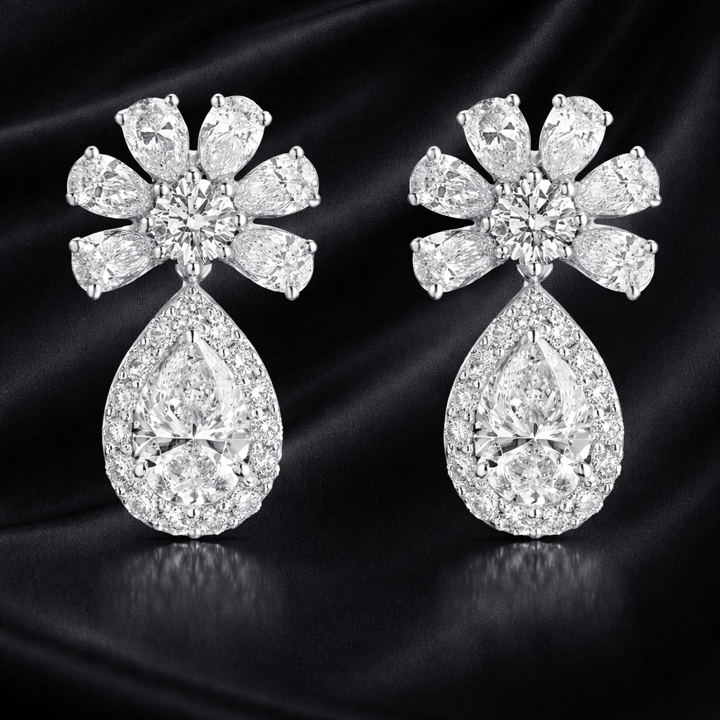 Halo Bloom Drop Earrings | 3.3 Ct Lab-Grown Diamonds | Pear & Round Cut