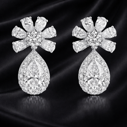 Halo Bloom Drop Earrings | 3.3 Ct Lab-Grown Diamonds | Pear & Round Cut