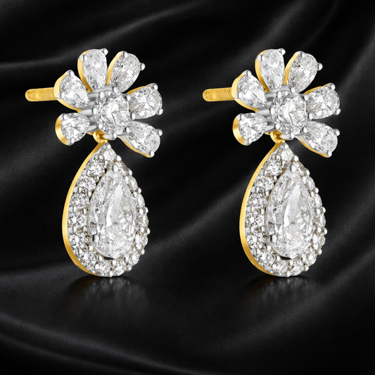 Halo Bloom Drop Earrings | 3.3 Ct Lab-Grown Diamonds | Pear & Round Cut