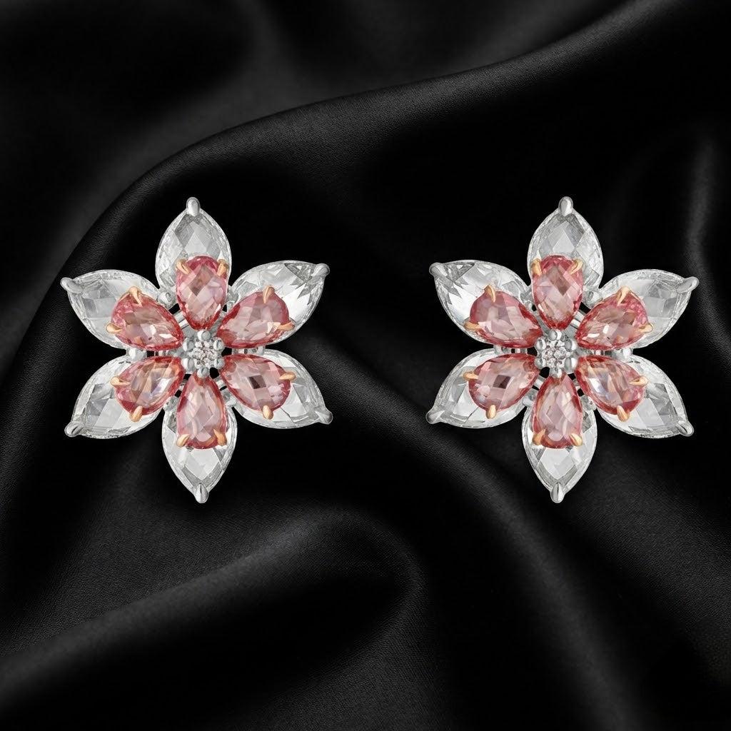 Two-Tone Floral Diamond Studs | 3.63ct Lab-Grown Pear & Round Cuts