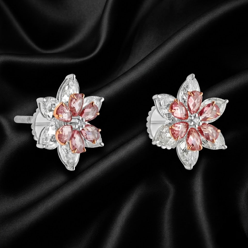 Two-Tone Floral Diamond Studs | 3.63ct Lab-Grown Pear & Round Cuts