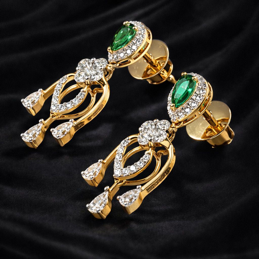 Emerald Halo Cascade Danglers | 0.72ct Lab Diamonds | 0.29ct Green Pear Stones