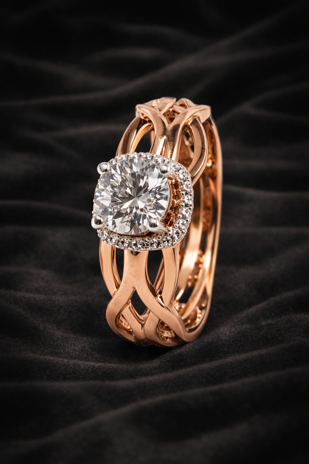 0.92 ct Round Solitaire in Twisted Branch Design with Halo