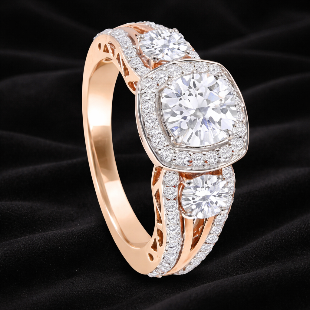 1.80ct Cushion-Cut Diamond Halo Ring with Side Solitaires