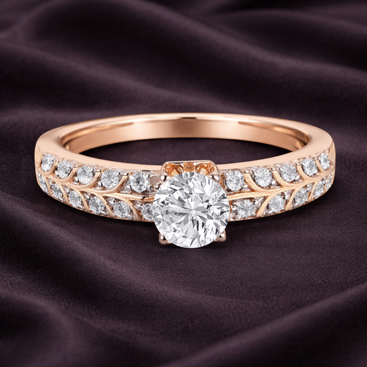 Nature-Inspired 0.44 Carat Round Solitaire Diamond Ring with Veined Branch Detailing