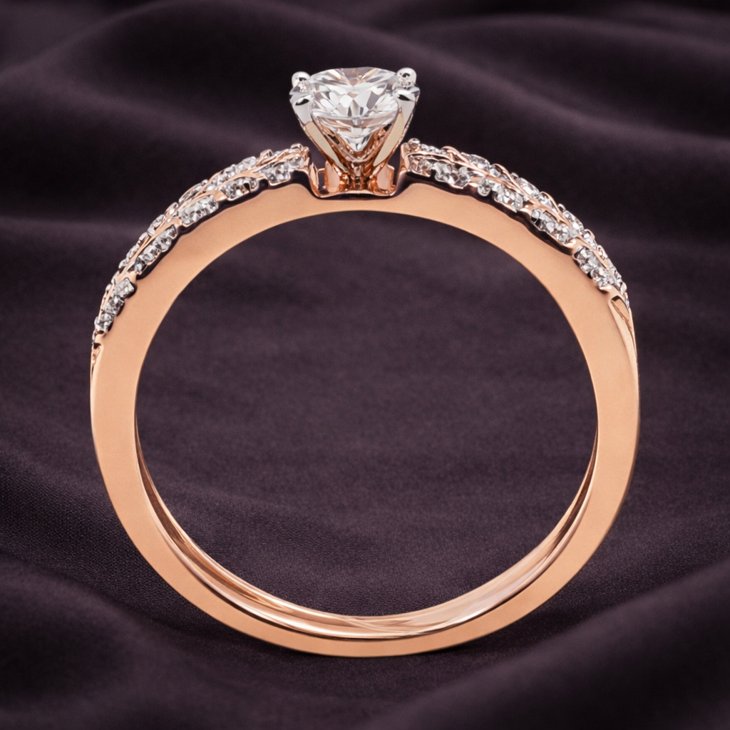 Nature-Inspired 0.44 Carat Round Solitaire Diamond Ring with Veined Branch Detailing