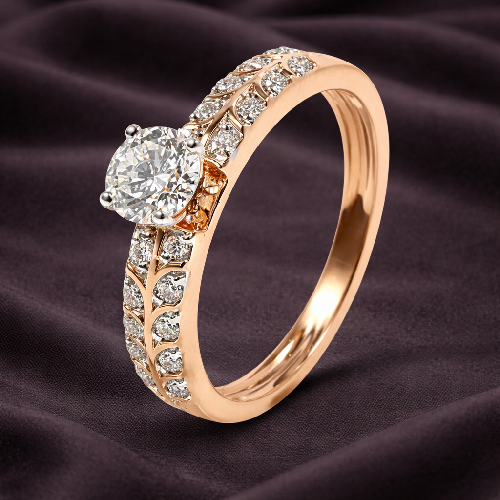 Nature-Inspired 0.44 Carat Round Solitaire Diamond Ring with Veined Branch Detailing