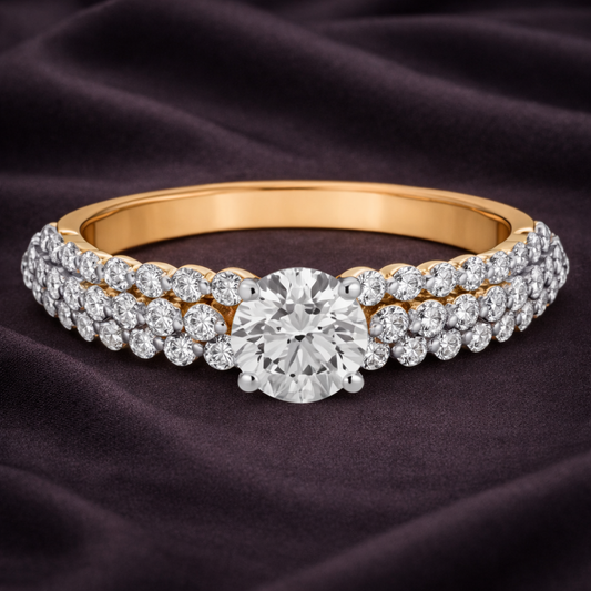 0.49 Carat Diamond Solitaire Ring with Three-Row Diamond-Studded band