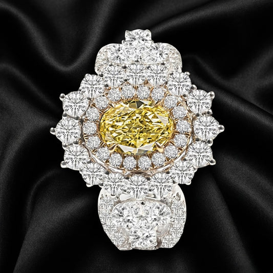 3.00 ct Yellow Oval Diamond Halo Ring with Pear-Shaped Accents and Diamond-Encrusted Band