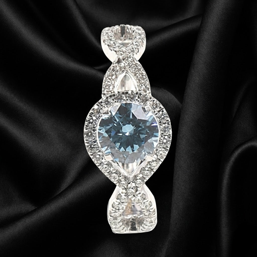 0.70 ct Blue Brilliant-Cut Diamond Ring with Twisted Band and Diamond Halo