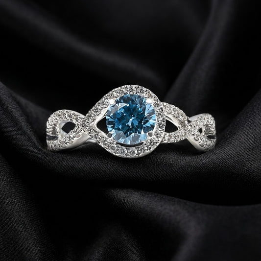 0.70 ct Blue Brilliant-Cut Diamond Ring with Twisted Band and Diamond Halo