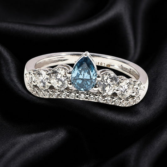 1.00 ct Blue Pear-Shaped Diamond Ring with Graduated Diamond accents