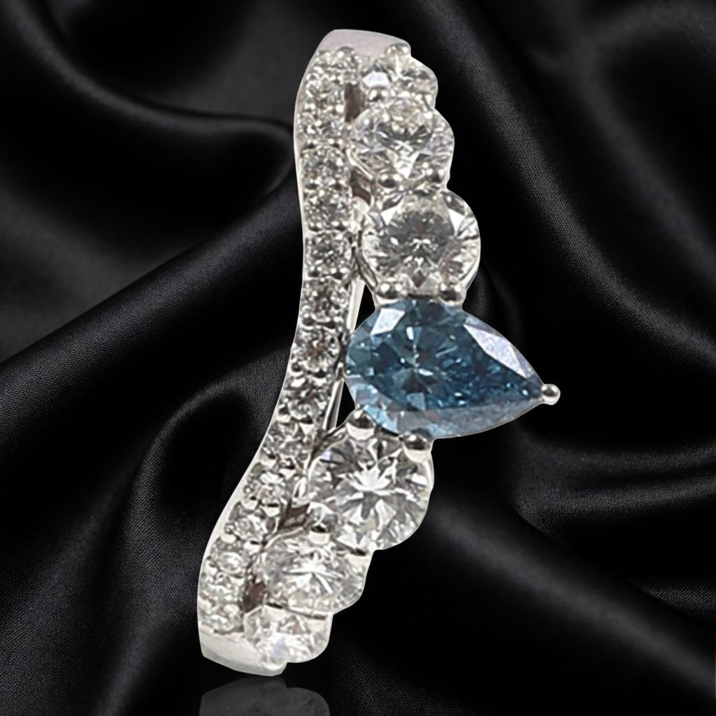 1.00 ct Blue Pear-Shaped Diamond Ring with Graduated Diamond accents