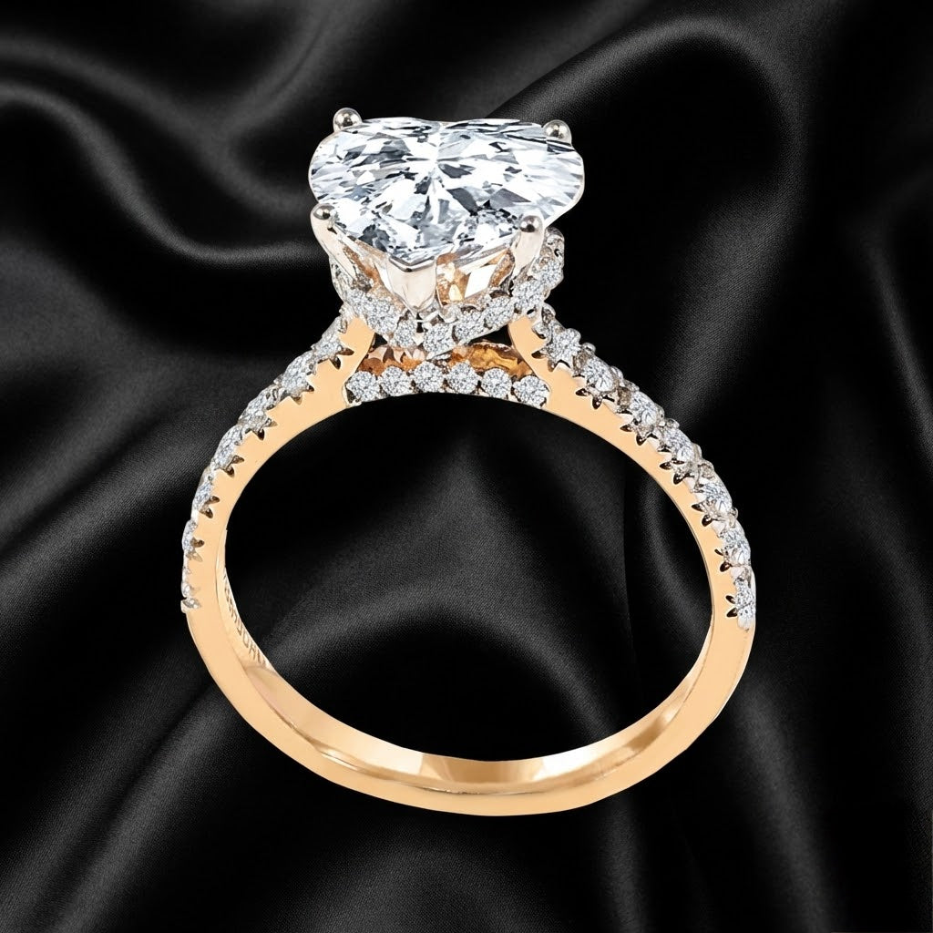 3.11 ct Heart-Cut Lab-Grown Diamond Ring with Hidden Halo and Pavé Band