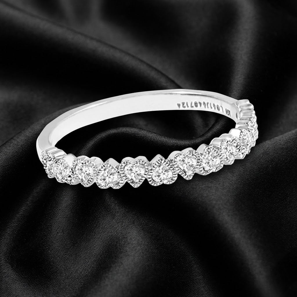 White Gold Alternating Upside-Down Heart Diamond Ring with Round Cut Diamonds