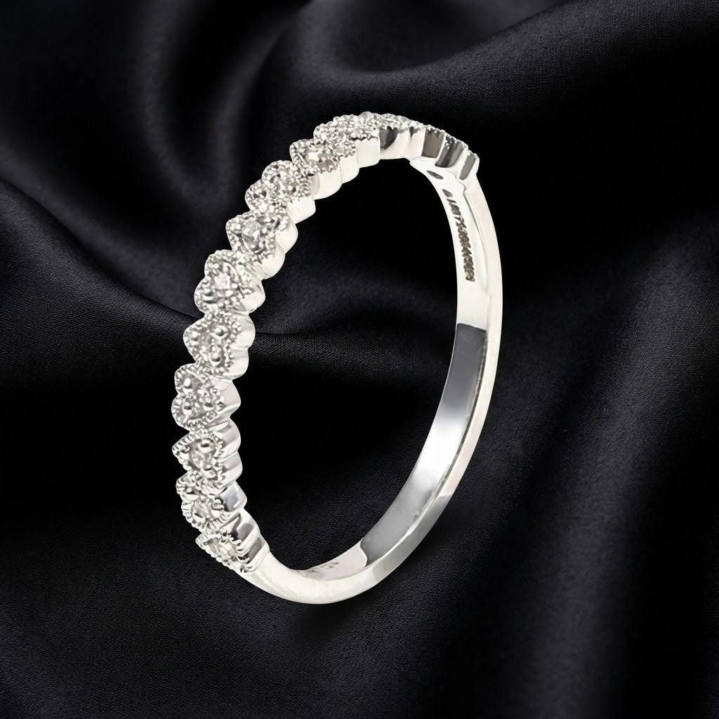 White Gold Alternating Upside-Down Heart Diamond Ring with Round Cut Diamonds