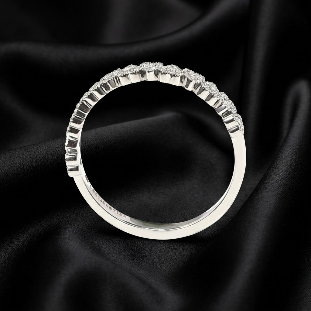 White Gold Alternating Upside-Down Heart Diamond Ring with Round Cut Diamonds