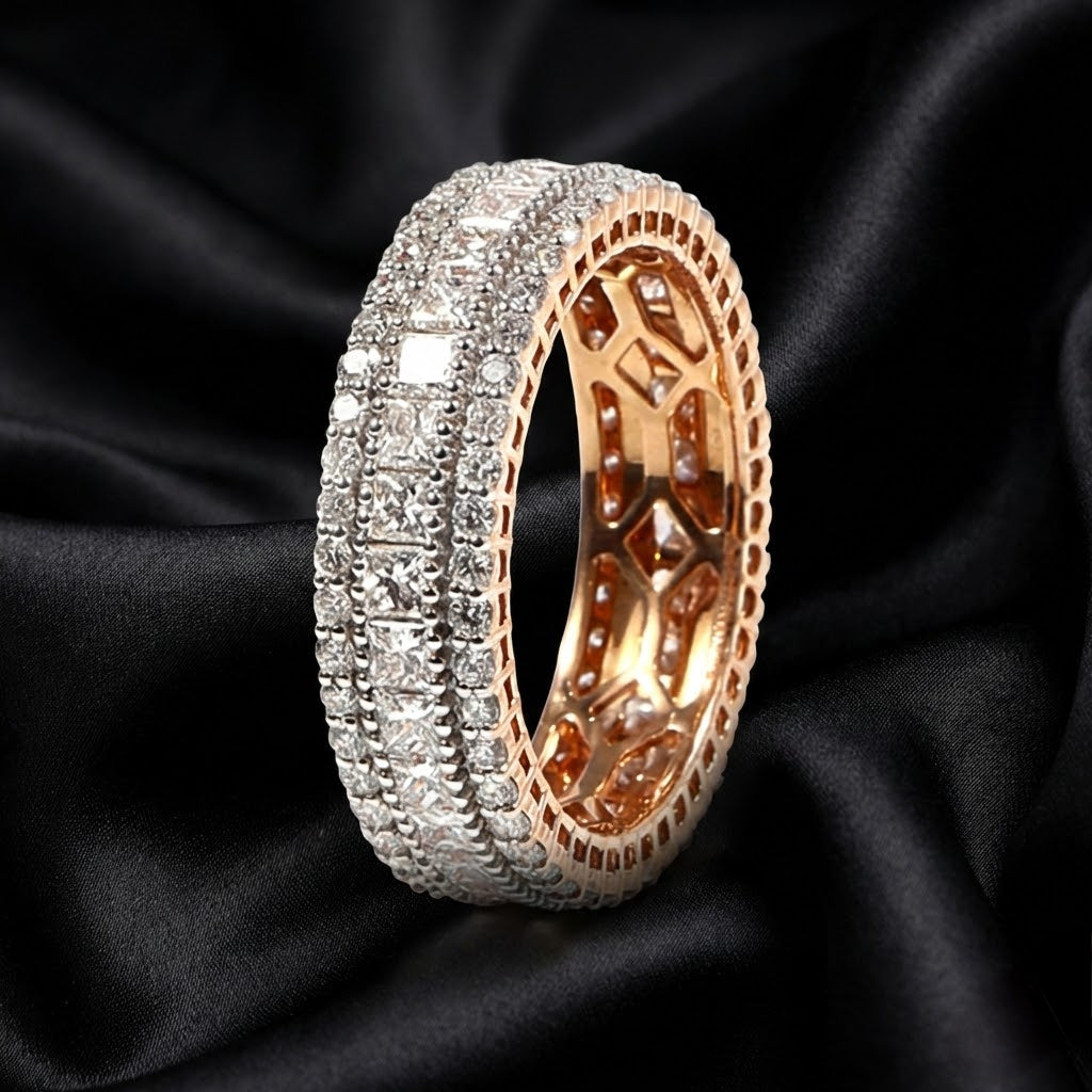 Rose Gold Eternity Band with 1.59 ct of Princess-Cut Diamonds and Round Diamonds