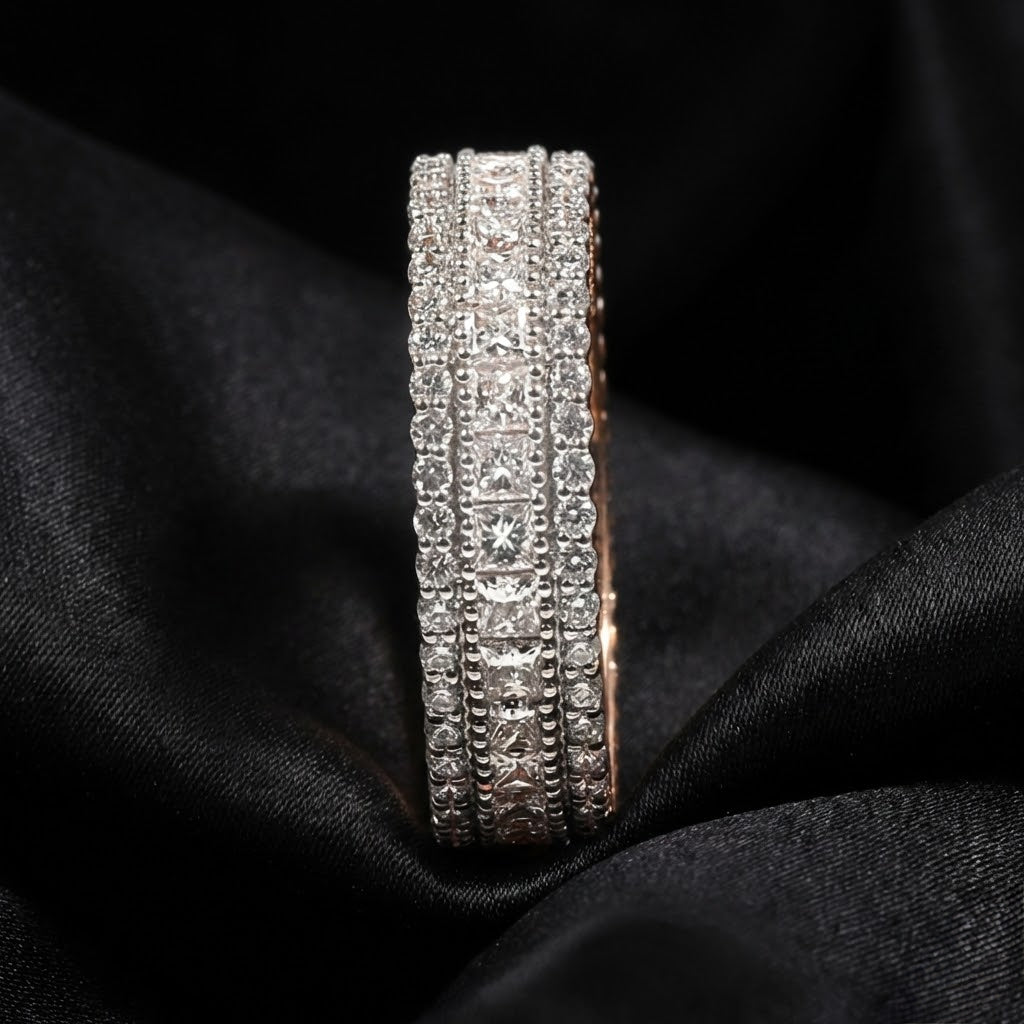 Rose Gold Eternity Band with 1.59 ct of Princess-Cut Diamonds and Round Diamonds