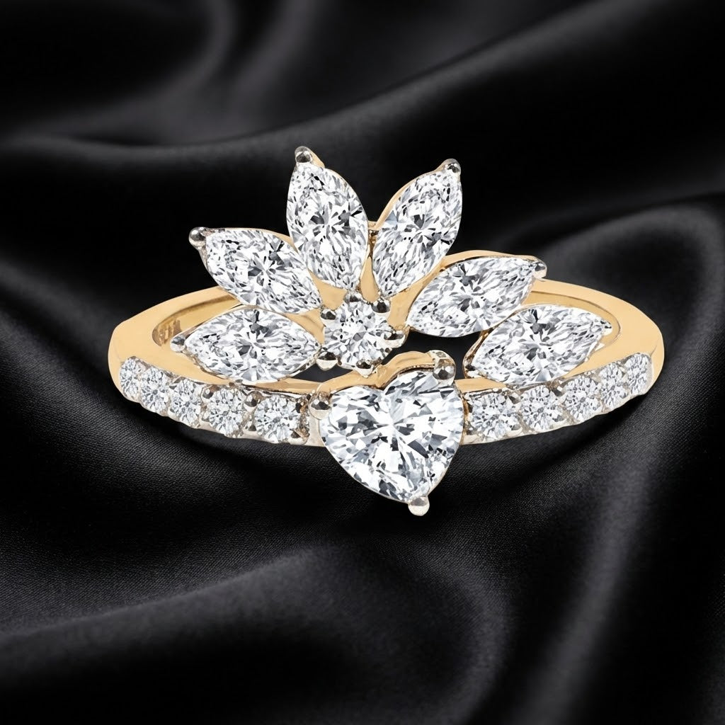 Heart and Floral Motif Ring with 1.2 Carats Lab-Grown Diamonds